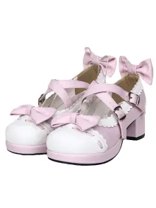 Sweet Square Heels Lolita Shoes Bow Decor White Trim Round Toe #453183