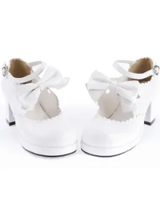 Sweet White Chunky Heels Lolita Shoes Ankle Strap Bow Decor Round Toe #456515