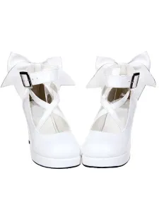 White Chunky High Heels Lolita Shoes Ankle Strap Bow Decor #453300