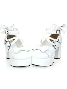 White Chunky Square Heels Lolita Shoes Platform Ankle Strap Heart Shape Buckles Bows #453310