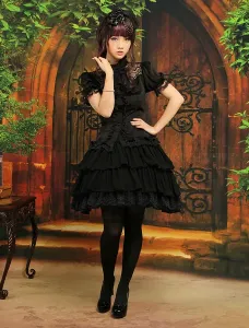 Black Chiffon Lolita Skirt Layers Ruffles Lace Trim #452115