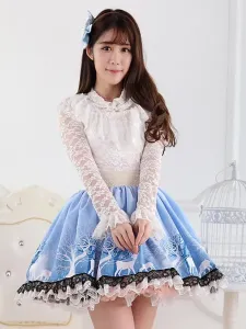 Blue Short Lolita Skirt Lace Trim Polyester Print #454604