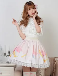 Sweet Light Pink White Printed Lolita Skirt with Lace Trim #453798