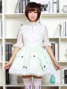 Sweet Lolita Dress In Light Green Printed Qi Lolita Suspender Skirt With White Lace Trim #460897