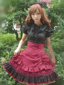 Sweet Lolita Dress SK Pink Lace Criss Cross Ruffle High Waist Cotton Lolita Skirt #462946