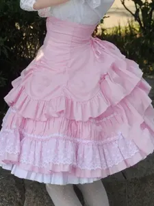 Sweet Lolita Dress SK Pink Lace Criss Cross Ruffle High Waist Cotton Lolita Skirt #462947