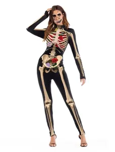 Skeleton And Flower Print Bodysuit Long Sleeve Skinny Catsuit #473990