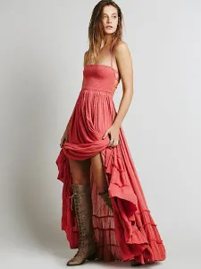 Boho Maxi Dress 2023 Backless Straps Pink Women Summer Long Warp Dress #460432