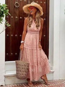Maxi Dresses Apricot Sleeveless V-Neck Polyester Floor Length Summer Dress Boho Dress #528859