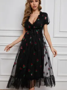 Maxi Dresses Short Sleeves Pink Printed V-Neck Tulle Strawberries Print Lace Up Long Dress #667339
