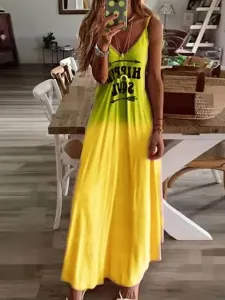 Maxi Dresses Sleeveless V-Neck Sleeveless Polyester Yellow Summer Long Dress #533468