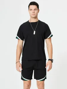 Men's Activewear 2-Piece Color Block Short Sleeves Jewel Neck Black #544666