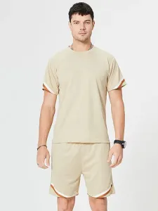 Men's Activewear 2-Piece Color Block Short Sleeves Jewel Neck Black #544668
