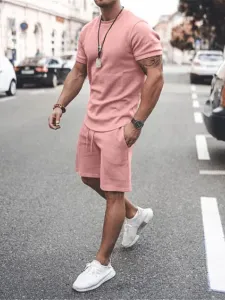 Men's Activewear 2-Piece Short Sleeves Jewel Neck Pink #533268
