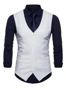 Men Suit Vest V Neck Cotton Linen Pocket Regular Fit Casual Waistcoat #473696