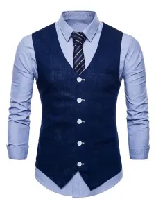 Men Suit Vest V Neck Cotton Linen Pocket Regular Fit Casual Waistcoat #473701