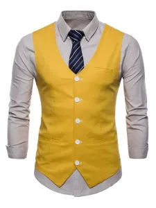 Men Suit Vest V Neck Cotton Linen Pocket Regular Fit Casual Waistcoat #473704