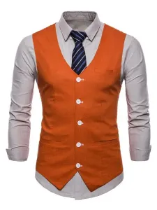 Men Suit Vest V Neck Cotton Linen Pocket Regular Fit Casual Waistcoat #473723