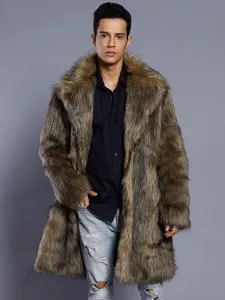 Brown Faux Fur Coat Men Overcoat Turndown Collar Long Sleeve Winter Coat #469290