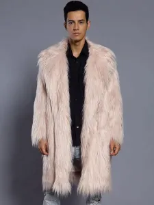 Faux Fur Coat Men Overcoat Salmon Turndown Collar Long Sleeve Winter Coat #469618