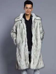 Faux Fur Coat White Long Sleeve Turndown Collar Men Winter Coat #469167