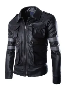 Men Leather Jackets PU Leather Long Sleeves Windbreaker Black Winter Coats #566522