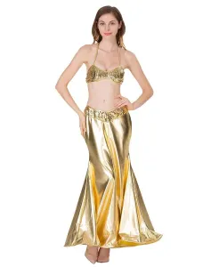 Gold Mermaid Costume Women Sexy Fishtail Set Metallic Halter Bra And Skirt Halloween