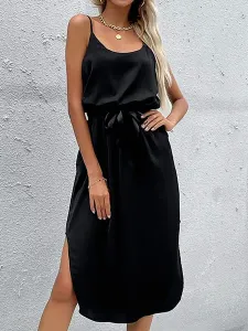 Women Midi Dress Polyester Straps Neck Sleeveless Casual Black Summer Dress #653150