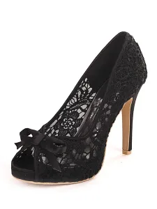 Women's Wedding Lace Bows Peep Toe Stiletto Heel Bridal Shoes #503772