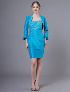 Mother Of The Bride Outfit Taffeta Embroidered Beaded Sheath Short Dress And Jacket #478965