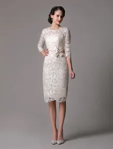 Wedding Guest Dresses Lace Sheath Champagne Cocktail Dress Knee Length Half Sleeves Mother Dress With Satin Belt