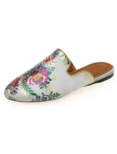 Womens Satin Flat Mules Round Toe Floral Embroidered Mules #478551