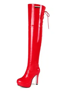 Over The Knee Boots Womens Patent Bright Leather Lace Up Round Toe Stiletto Heel Boots