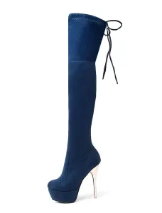 Platform Thigh High Boots Womens Elastic Fabric Almond Toe Stiletto Heel Over The Knee Boots #475574