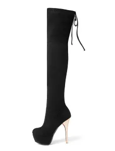 Platform Thigh High Boots Womens Elastic Fabric Almond Toe Stiletto Heel Over The Knee Boots #475583