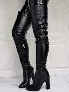 Women thigh high Boots PU Leather Black Sky High Chunky Heel Over The Knee Boots #518228