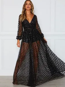 Birthday Black Party Dresses V-Neck Long Sleeves Backless Semi Floor Length Lace Formal Dress Pageant Dress