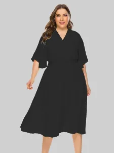 Plus Size Maxi Dress Apricot Long Sleeves V-Neck Polyester Oversized Long Dress #533529