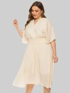 Plus Size Maxi Dress Apricot Long Sleeves V-Neck Polyester Oversized Long Dress #533530