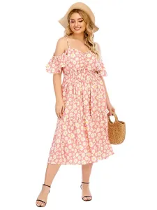 Plus Size Sky Blue Dress Straps Neck Short Sleeves Floral Print Pattern Polyester Tea Length Summer Dress #532688