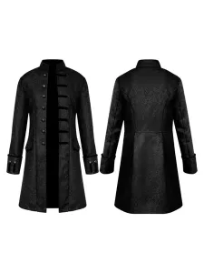 Black Midi Coat Vintage Top Euro-Style Floral Print Long Sleeves Polyester Fiber Overcoat Retro Costumes For Man #554129