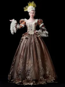 18th Century Retro Costumes Coffee Brown Polyester Embroidered Marie Antoinette Costume Set With Headwear #517988