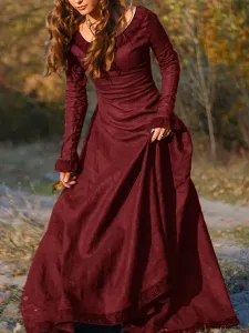 Medieval Vintage Dress Brown Layered Long Sleeves Swing Dress Cosplay Costume Carnival #510262