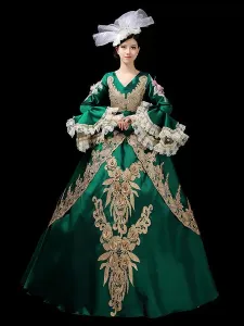 Retro Costumes Dark Green Embroidered Polyester Headwear Dress Marie Antoinette Costume Set Vintage Clothing #518004