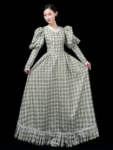 Sage Retro Costumes Polyester Green Plaid Dress Marie Antoinette Costume Vintage Clothing #517996