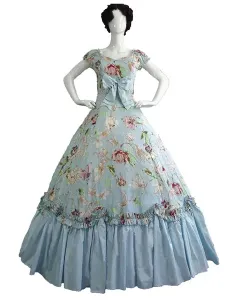 Victorian Dress Costme Women's Racoco Floral Print Marie Antoinette Costume Short Sleeves Light Sky Blue Ball Gown Victorian era Clothing Costumes hal #494333