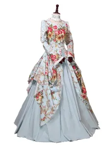 Victorian Dress Costme Women's Sateen Light Sky Blue Floral Print Marie Antoinette Ball Gown trumpet Long Sleeves with Choker Victorian Era Clothing C #494326