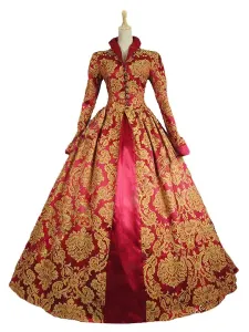 Victorian Dress Costume Baroque Costume Red Lace Ruffles Stand Collar Gold Stamping Vintage Victorian era Clothing Retro Dress Halloween