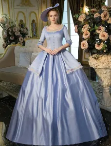 Victorian Dress Costume Blue Half Sleeves Squared Neckline Tunic Pleated Ball Gown Victorian era Clothing Costumes Dress Halloween #462412