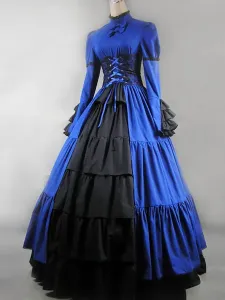 Victorian Dress Costume Blue Satin Ruffle Long Sleeves High Collar For Women's Victorian era clothing corest Retro outfits Halloween #458621